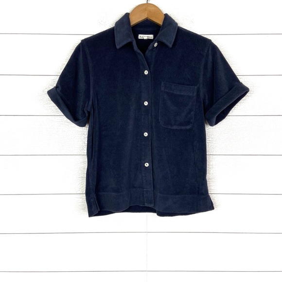 ALEX MILL Benny Shirt Short Sleeve Collared Relaxed Pocket Navy Blue Small Terry - Picture 1 of 5